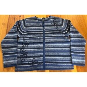 Carole Little Cardigan. 100% Lambs Wool. Petite Large. Blue Stripe. Zip Front